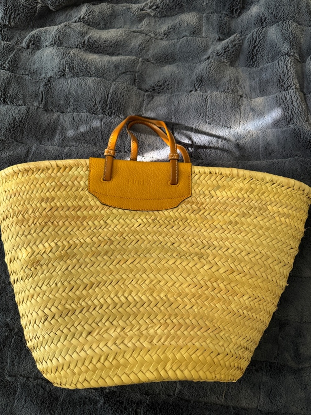 Furla Yellow Woven Tote with Tan Leather Handles